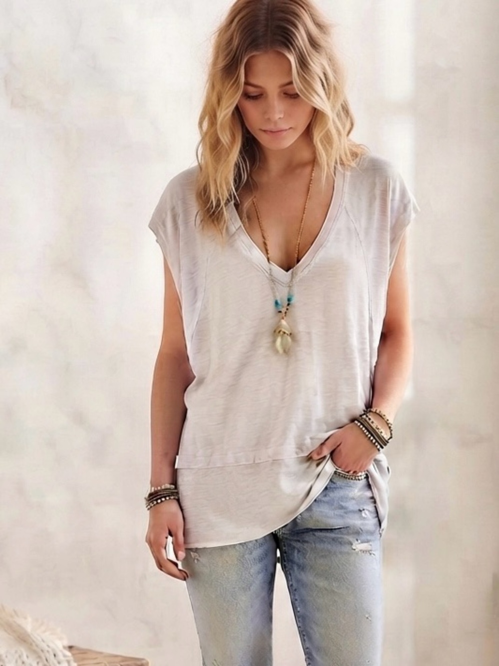 We The Free Relaxed V-Neck Tunic in Light Heathered Gray Draped, oversized - Picture 3 of 15